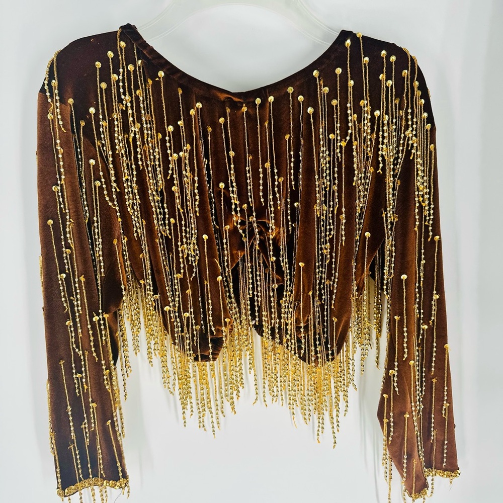 Brown Velvet Top & Shirt w/ Gold Fringe Beading 2 Piece Set Vintage Dance Outfit